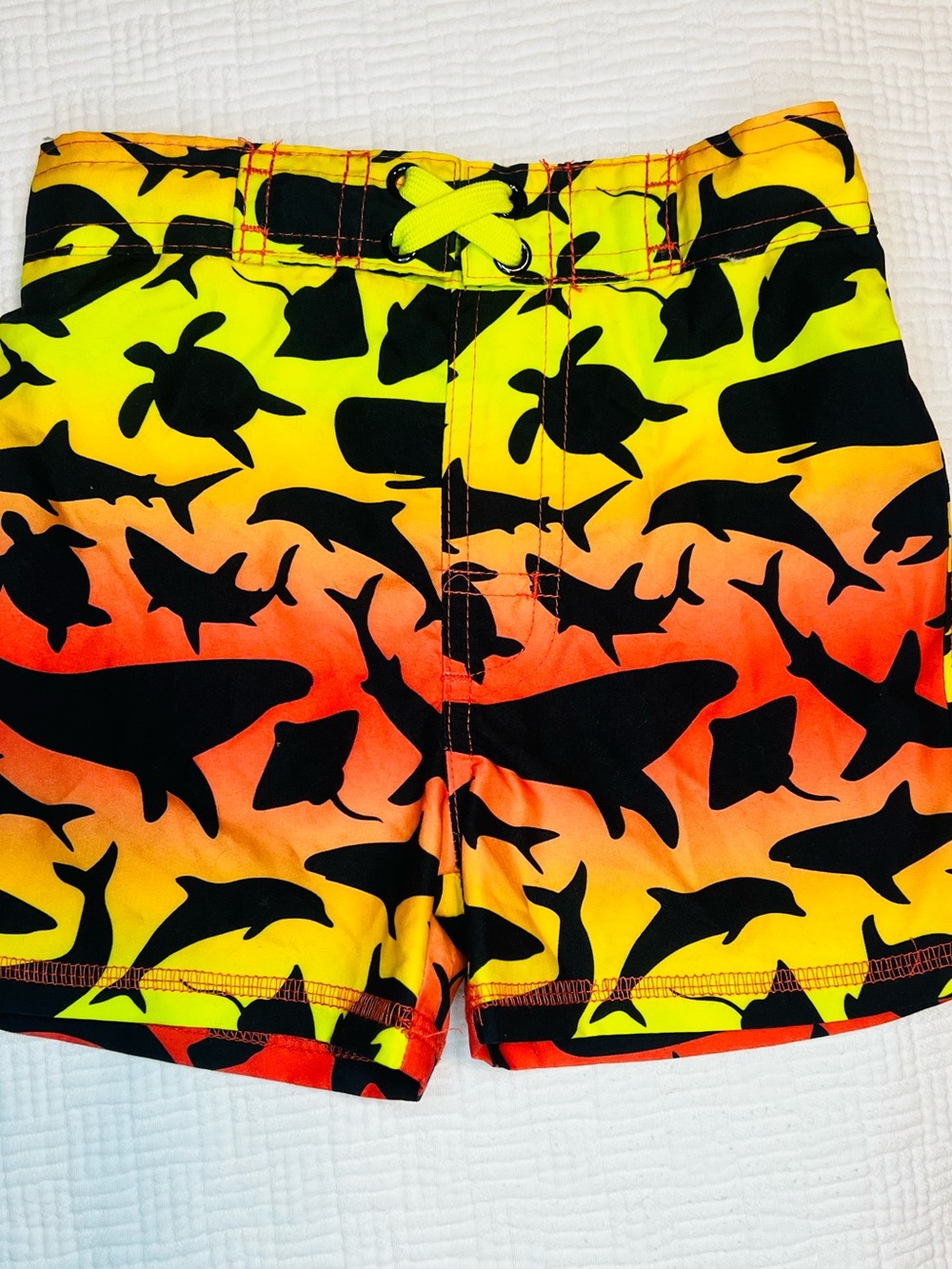 Kids Neon Yellow to Orange Gradient Swim Shorts with Black Marine Silhouette
